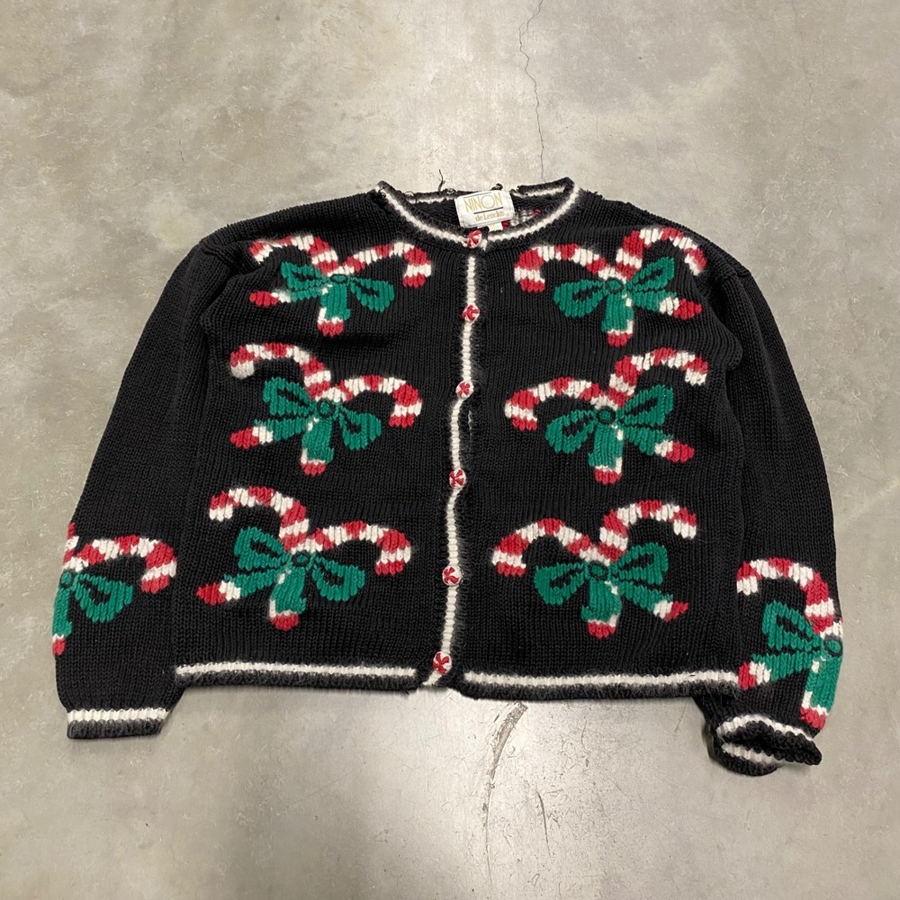 Ninon de Lenclos Vintage Christmas Candy Cane Knit Cardigan Sweater Black Small